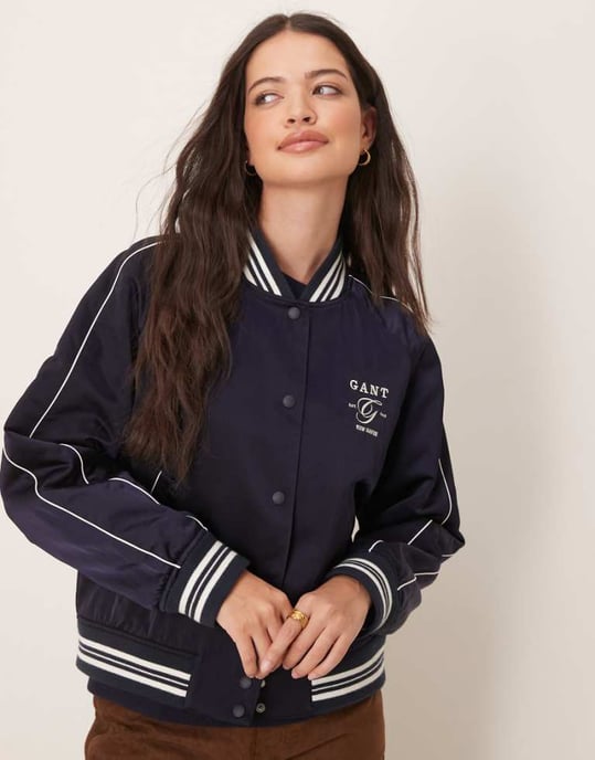 GANT satin logo varsity bomber jacket in navy - Image 1