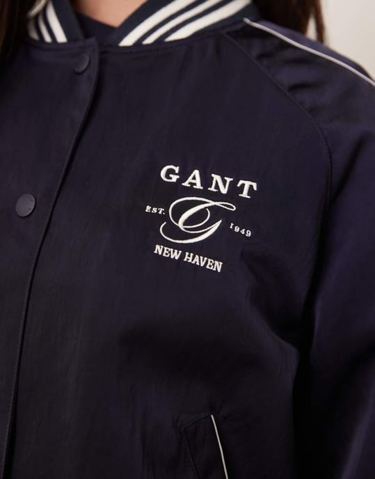 GANT satin logo varsity bomber jacket in navy - Image 2