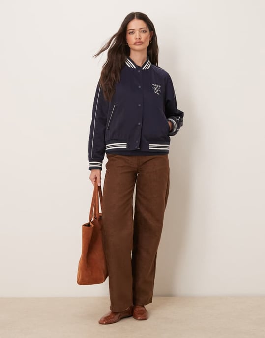 GANT satin logo varsity bomber jacket in navy - Image 3
