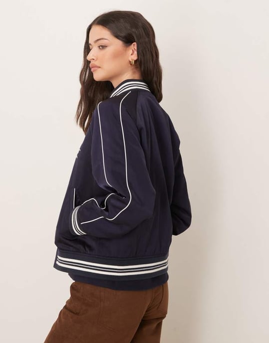 GANT satin logo varsity bomber jacket in navy - Image 4