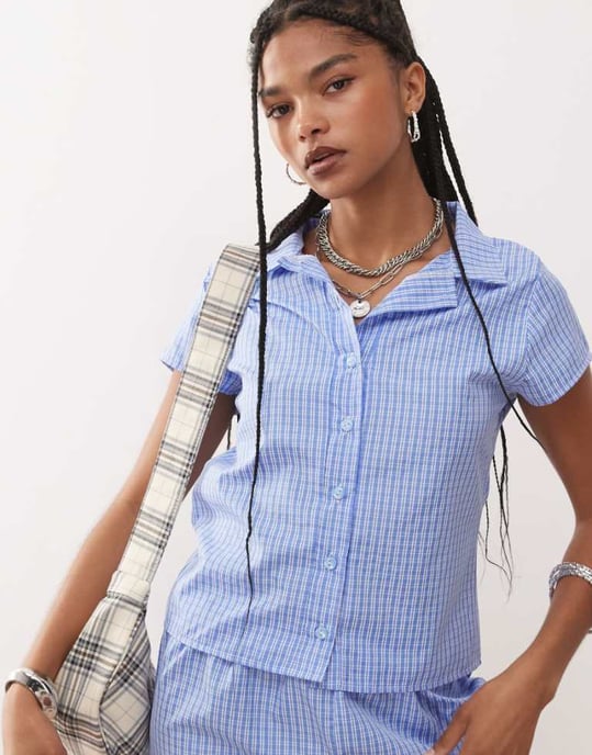 Reclaimed Vintage cap sleeve micro shirt in blue check co ord - Image 1