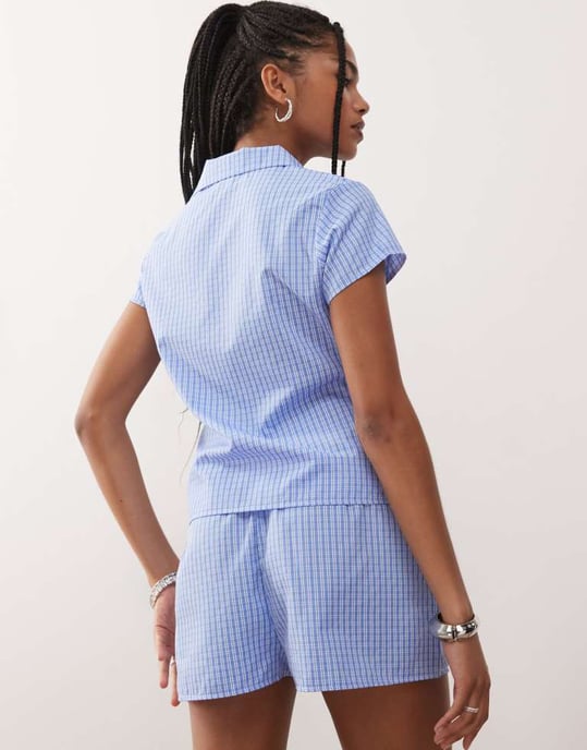 Reclaimed Vintage cap sleeve micro shirt in blue check co ord - Image 2
