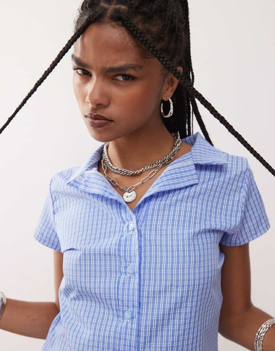 Reclaimed Vintage cap sleeve micro shirt in blue check co ord - Image 3