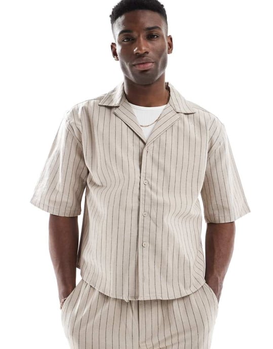 ONLY & SONS relaxed fit linen shirt co-ord in beige pinstripe - Image 1