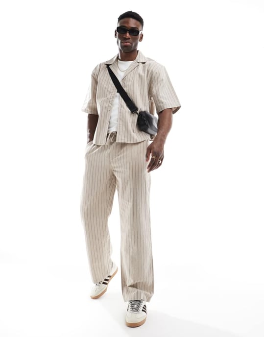 ONLY & SONS relaxed fit linen shirt co-ord in beige pinstripe - Image 2