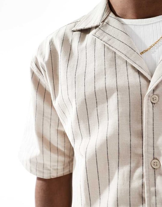 ONLY & SONS relaxed fit linen shirt co-ord in beige pinstripe - Image 3