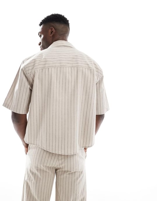 ONLY & SONS relaxed fit linen shirt co-ord in beige pinstripe - Image 4