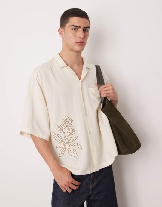ASOS DESIGN oversized boxy linen look shirt with embroidery in beige - Image 1