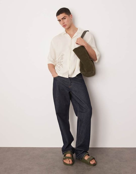 ASOS DESIGN oversized boxy linen look shirt with embroidery in beige - Image 2