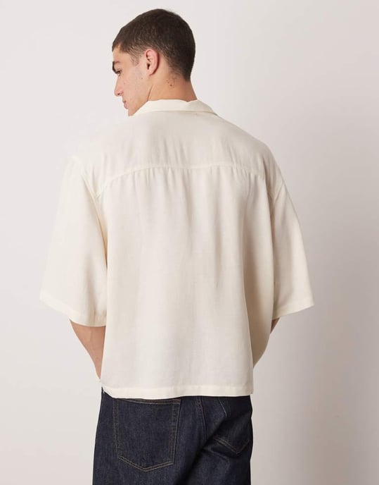 ASOS DESIGN oversized boxy linen look shirt with embroidery in beige - Image 4