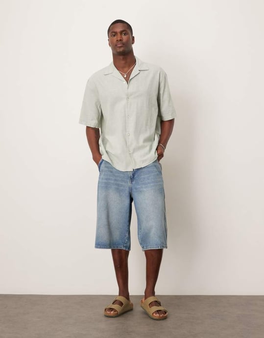Selected revere collar linen blend shirt in green - Image 3