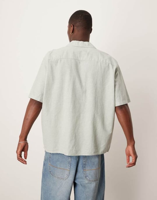 Selected revere collar linen blend shirt in green - Image 4