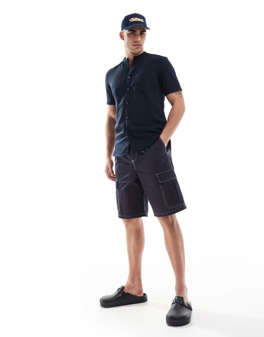 French Connection short sleeve linen henley shirt in navy - Image 3