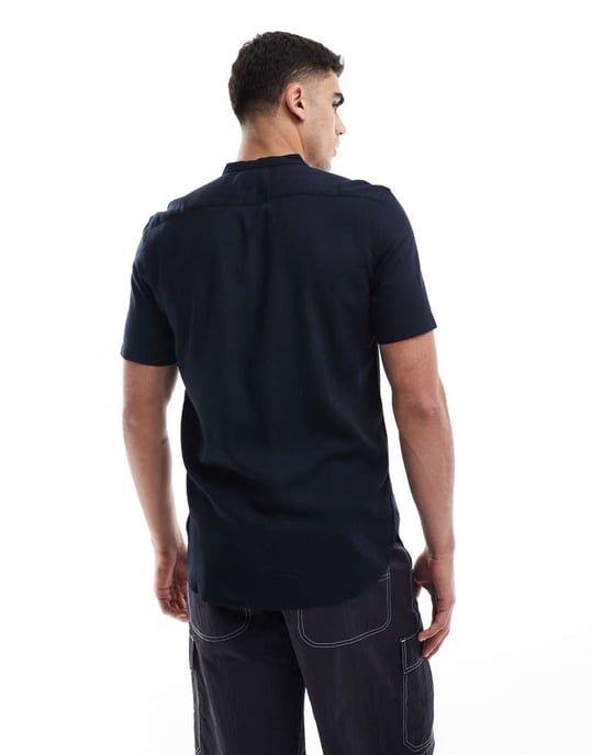 French Connection short sleeve linen henley shirt in navy - Image 4