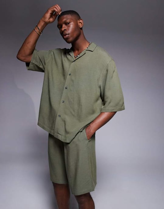 ASOS DESIGN co-ord överdimensionerad revere linneskjorta i grön - Image 1