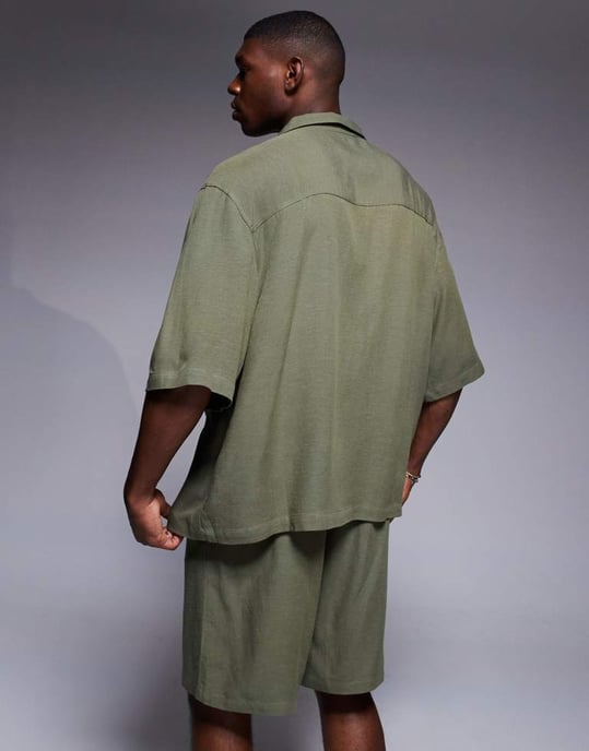ASOS DESIGN co-ord överdimensionerad revere linneskjorta i grön - Image 3