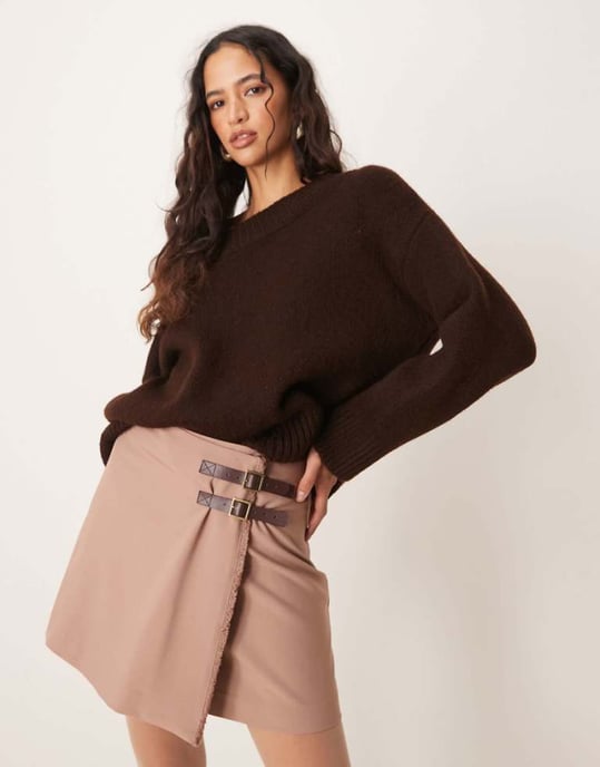 ASOS DESIGN tailored double belt wrap raw edge skirt in mocha - Image 1