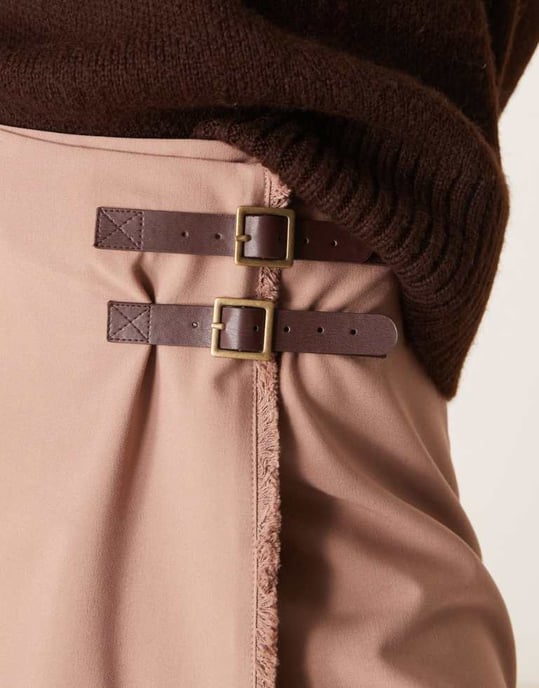 ASOS DESIGN tailored double belt wrap raw edge skirt in mocha - Image 2
