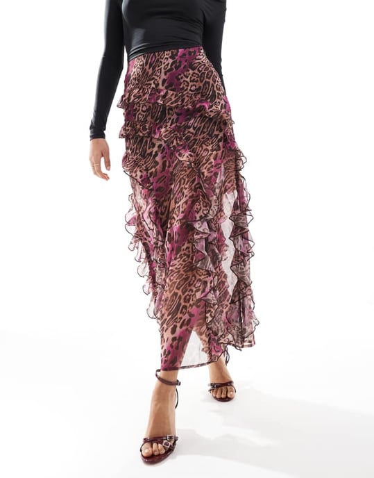 Miss Selfridge volangfållad midi-kjol i leopardmönster - Image 4