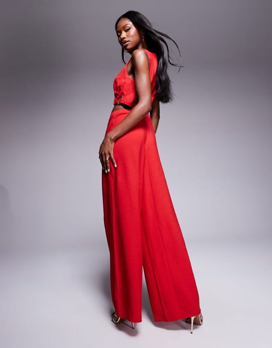 ASOS DESIGN wrap front cut out jumpsuit with buckle detail in red - Image 4