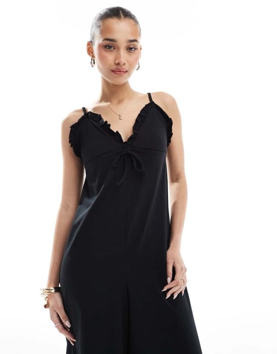 ASOS DESIGN cami ruffle wide leg jumpsuit in black - Image 2