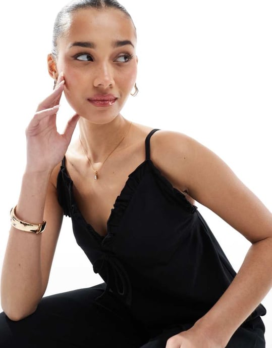 ASOS DESIGN cami ruffle wide leg jumpsuit in black - Image 3