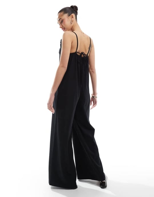 ASOS DESIGN cami ruffle wide leg jumpsuit in black - Image 4