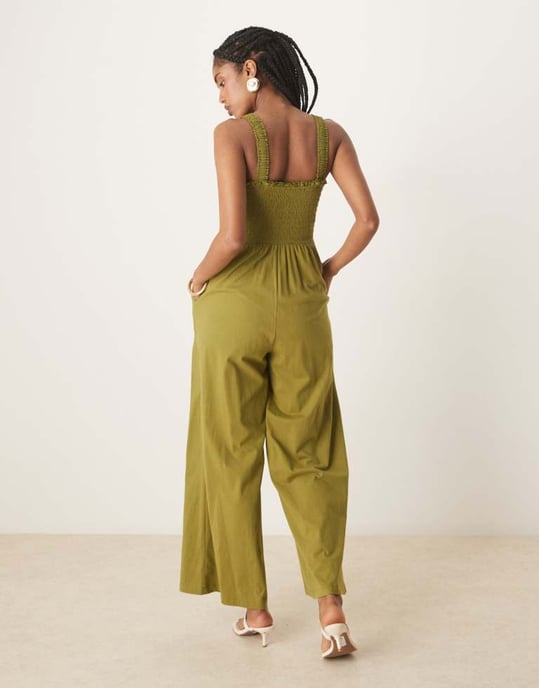 Nobody's Child shirred bodice wide leg jumpsuit in khaki - Image 3