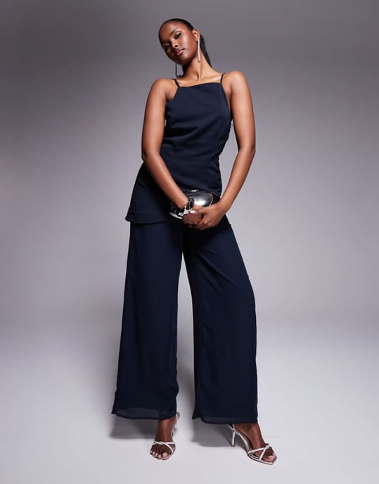 ASOS DESIGN square neck structured jumpsuit with chiffon trouser in navy - Image 1