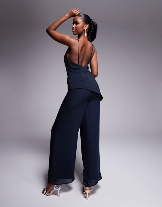 ASOS DESIGN square neck structured jumpsuit with chiffon trouser in navy - Image 3