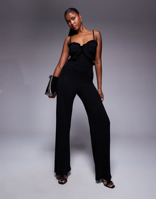 ASOS DESIGN cami strap with ruffles wide leg jumpsuit in black - Image 1