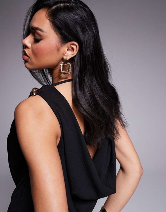 ASOS DESIGN cowl neck wide leg jumpsuit with gold hardware in black - Image 2