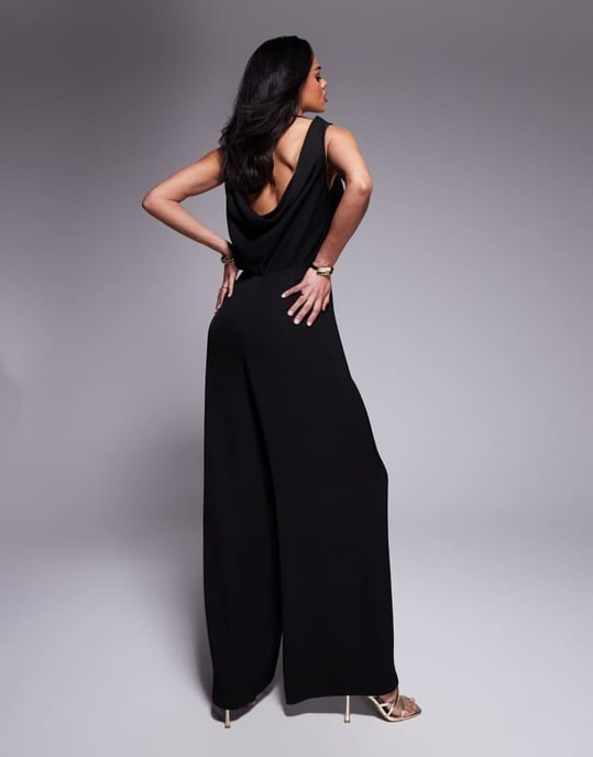 ASOS DESIGN cowl neck wide leg jumpsuit with gold hardware in black - Image 3