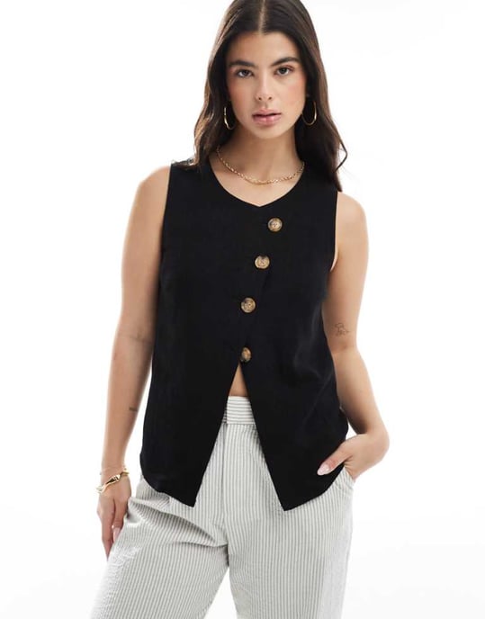 ASOS DESIGN linen look asymmetric button front waistcoat in black - Image 1