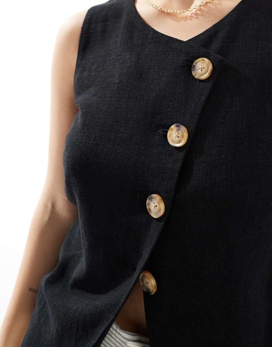 ASOS DESIGN linen look asymmetric button front waistcoat in black - Image 2