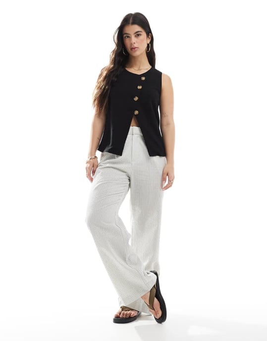 ASOS DESIGN linen look asymmetric button front waistcoat in black - Image 3