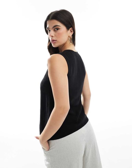 ASOS DESIGN linen look asymmetric button front waistcoat in black - Image 4