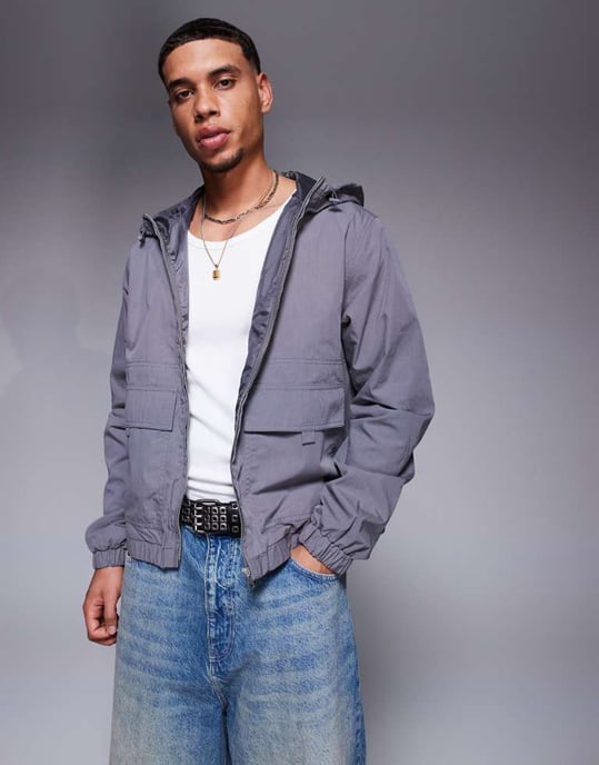 ASOS DESIGN windbreaker jacket with hood in charcoal - Image 4