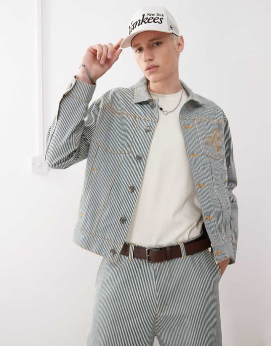 New Era pinstripe denim jacket co-ord in multi - Image 1