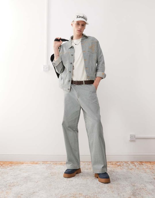 New Era pinstripe denim jacket co-ord in multi - Image 3
