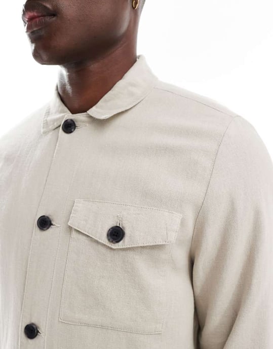 Threadbare linen rich button down jacket in stone - Image 3