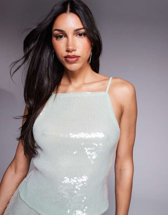 ASOS DESIGN koord glittrande rygglös topp i mintgrön - Image 2