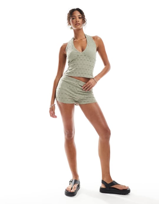 Miss Selfridge virkads jersey v-hals topp set i khaki - Image 2