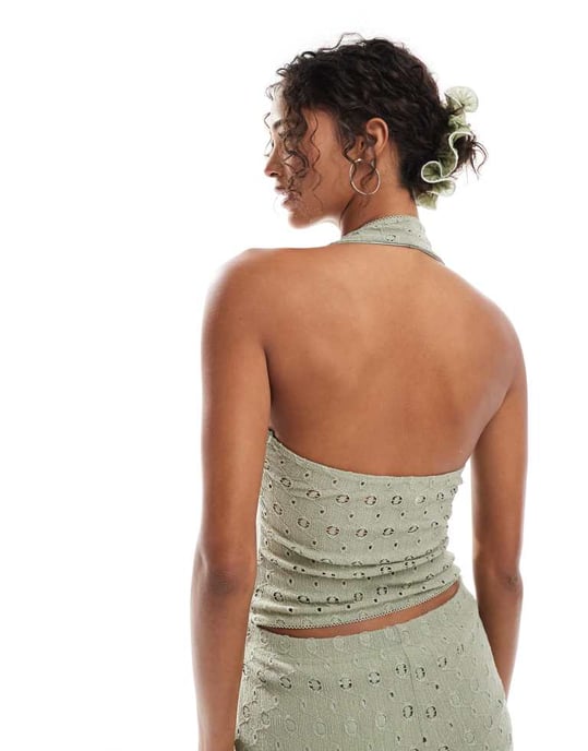 Miss Selfridge virkads jersey v-hals topp set i khaki - Image 3
