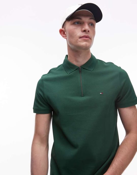 Tommy Hilfiger piké zip polo tröja i grön - Image 3