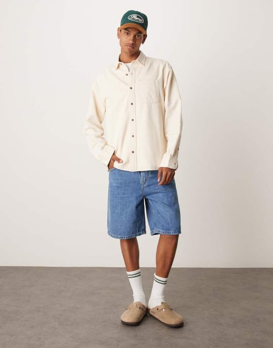 Abercrombie & Fitch långärmad denimskjorta i krämfärgad - Image 3