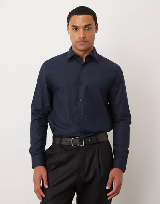 ASOS DESIGN formal linen blend regular shirt in navy - Image 1