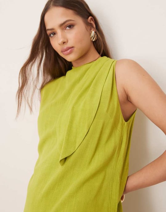 ASOS DESIGN linen double layer neck tie detail playsuit in lime green - Image 3