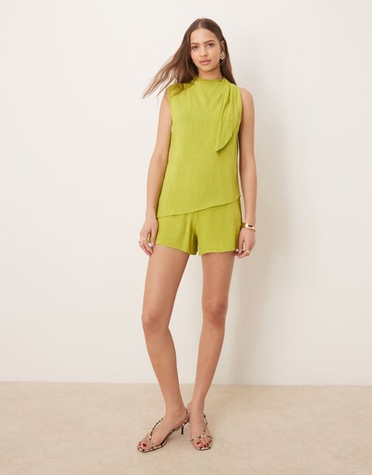 ASOS DESIGN linen double layer neck tie detail playsuit in lime green - Image 4