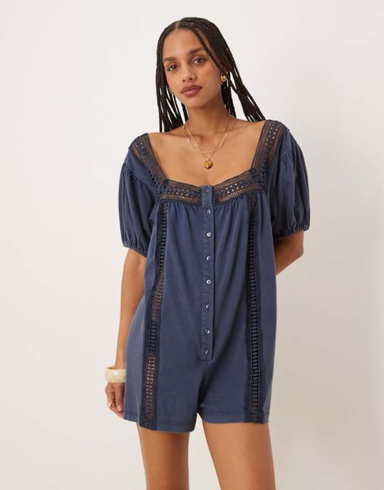 ASOS DESIGN broderie square neck button down puff sleeve playsuit in washed denim blue - Image 1
